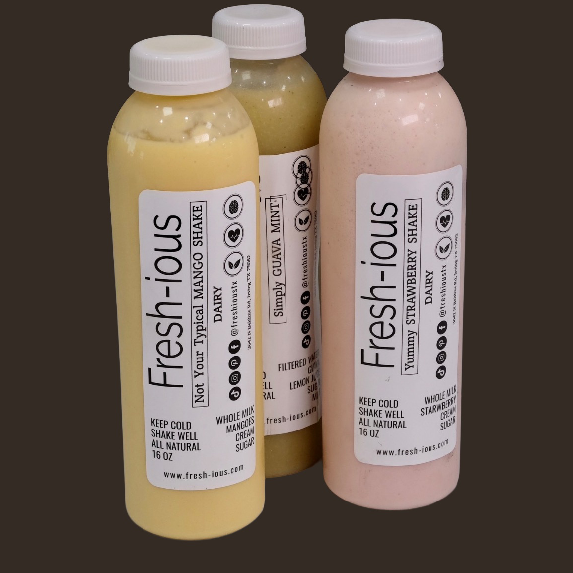 Three bottled premium juices and drinks with their original labels